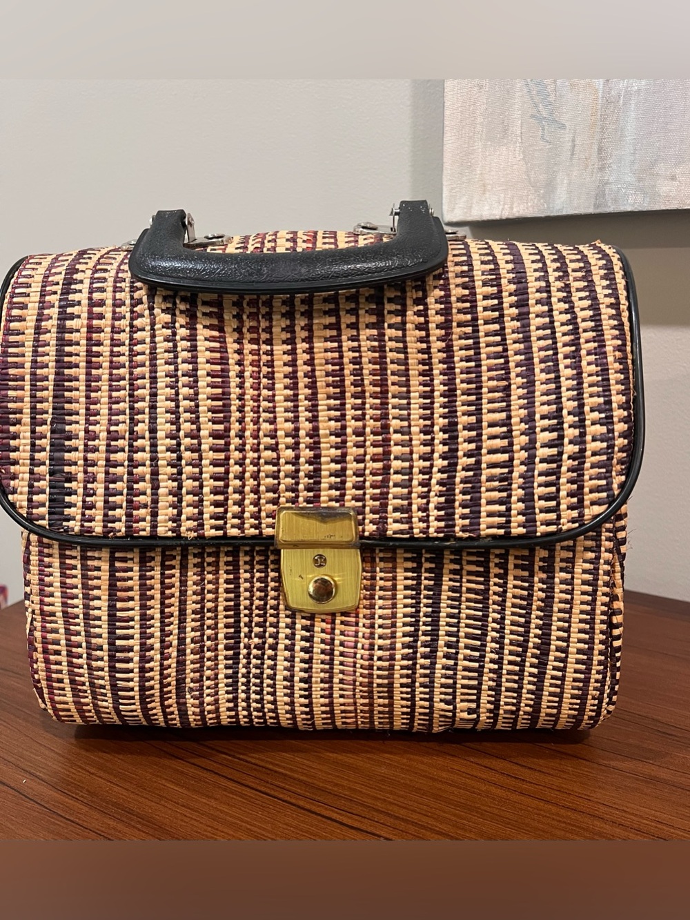 Vintage Woven Straw Top Handle Handbag Structured Boho Mod Retro Purse